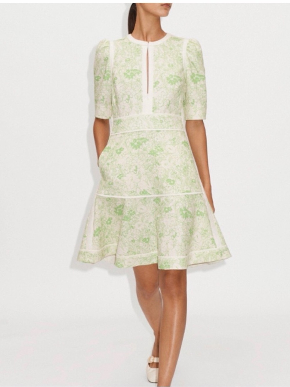 ME + EM Soft Gardenia Cotton Jacquard Fit & Flare Dress cream fern floral puff